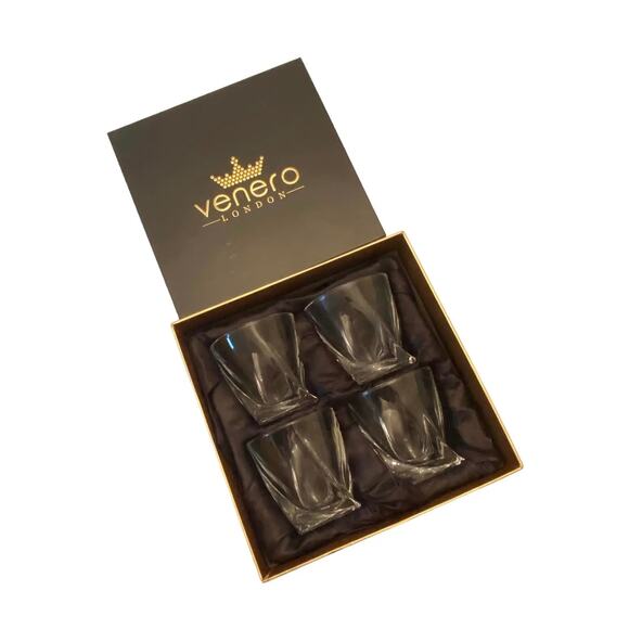 Four Modern Venero London Crystal Twisted Rocks Tumblers Glasses in Storage Box - Picture 1 of 9